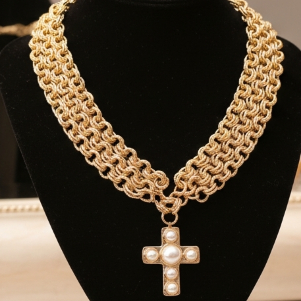 Bold Pearl Cross Pendant Accent Textured Metal Layered Chain Necklace